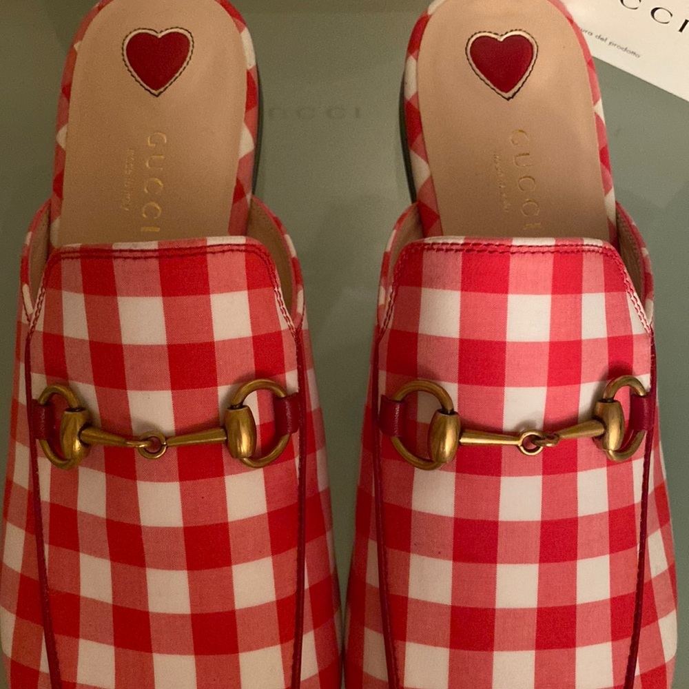 NIB GUCCI Red Gingham Princetown MULES Slides/Loafer Flats sz 7-7.5 US/38 ITALY - Picture 4 of 13